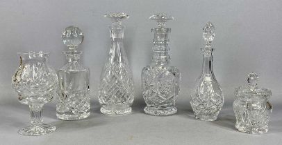 COLLECTION OF CUT GLASSWARE, four decanters and stoppers, 29cms (h) the tallest, candle holder