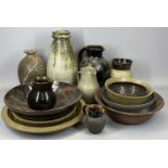 GROUP OF FOURTEEN PIECES OF STUDIO POTTERY, including vase, 37cms (h), various jugs, 28cms (h) the