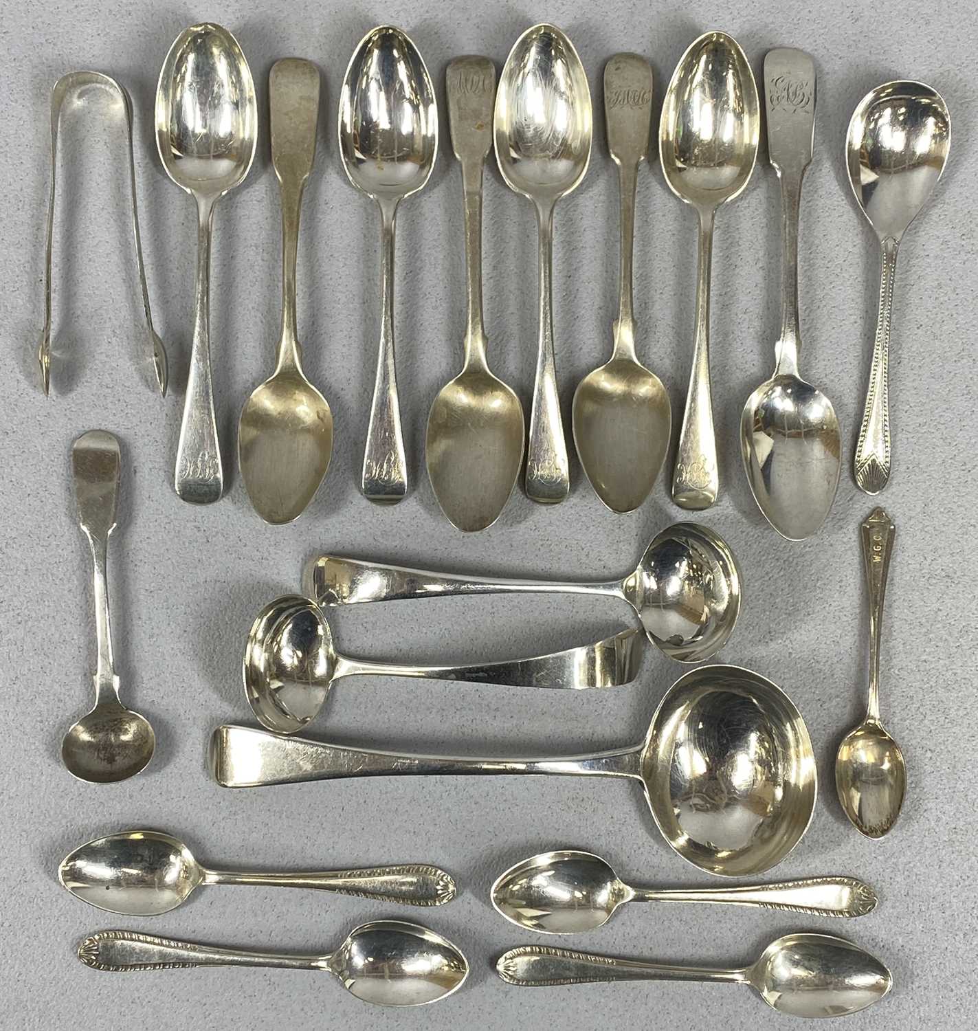 GEORGE III / VICTORIAN COLLECTION OF SILVER SPOONS, SAUCE LADLES & SUGAR TONGS, 15, 3 and 1