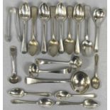 GEORGE III / VICTORIAN COLLECTION OF SILVER SPOONS, SAUCE LADLES & SUGAR TONGS, 15, 3 and 1