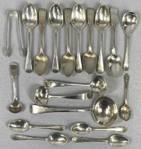 GEORGE III / VICTORIAN COLLECTION OF SILVER SPOONS, SAUCE LADLES & SUGAR TONGS, 15, 3 and 1