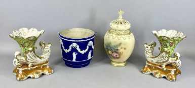 SMALL GROUP OF MIXED CERAMICS including porcelain cornucopia vases a pair, decorated with flowers
