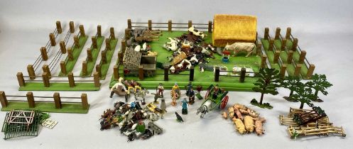 A VINTAGE TOY FARM, rectangular painted wooden field with fence, 53 x 34cms, nine other sections