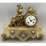 LATE 19TH CENTURY WHITE ALABASTER & PAINTED SPELTER MANTEL CLOCK, surmounted with a figure of