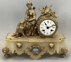LATE 19TH CENTURY WHITE ALABASTER & PAINTED SPELTER MANTEL CLOCK, surmounted with a figure of