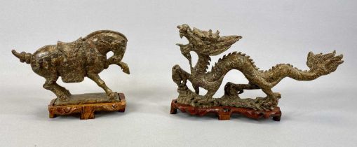 TWO CARVED CHINESE MARBLE FIGURES, 20th Century, comprising dragon and horse, both on wooden stands,