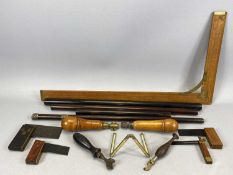 VARIOUS VINTAGE TOOLS comprising boxwood and brass tailor's square, 61 x 30.5cms, carpenter's