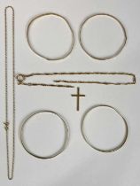 GROUP OF 9CT GOLD JEWELLERY comprising four bangles, 6.5cms (approx. diam.), pendant cross, 3.