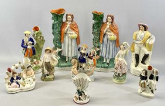 GROUP OF ELEVEN 19TH CENTURY STAFFORDSHIRE FIGURES, including Little Red Riding Hood spill vases,