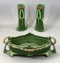 EICHWALD SECESSIONIST GARNITURE SET, green glazed and moulded with stylised floral motifs, impressed