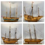 FOUR SCRATCH BUILT WOODEN SAILING VESSELS, three galleons, 68cms (h) the tallest and a Clipper ship,