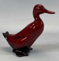 ROYAL DOULTON FLAMBE FIGURE OF A STANDING DUCK, printed mark in black, signed Noke, 15.5cms (h)