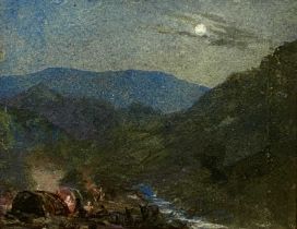 ATTRIBUTED TO DAVID COX watercolour - moonlit figures camping beside a stream, unsigned, 15.5 x 19.