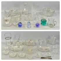 GROUP OF GLASSWARE, including circular etched glass decanter and stopper, green glass inkwell, three