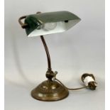 VINTAGE BANKER'S LAMP with weighted circular oxidised-copper base, stem and arms to the adjustable