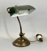 VINTAGE BANKER'S LAMP with weighted circular oxidised-copper base, stem and arms to the adjustable