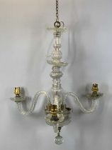 A VINTAGE GLASS THREE BRANCH CHANDELIER with swan neck arms, 54 (h) with various glass chandelier