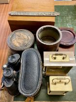 MIXED GROUP OF COLLECTABLES including 19th century mahogany cased hydrometer with thermometer, a
