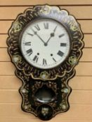 VICTORIAN BLACK LACQUERED DROP DIAL WALL CLOCK with inlaid mother of pearl, gilded highlights,