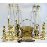BRASS & OTHER METALWARE 19th Century and later, including brass barley twist candlesticks a pair,