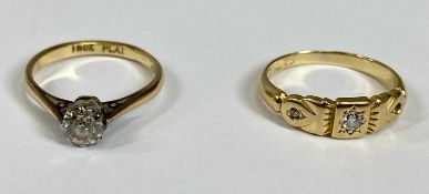 TWO 18CT GOLD DIAMOND SET RINGS, comprising claw mounted solitaire, 0.33ct round brilliant stamped