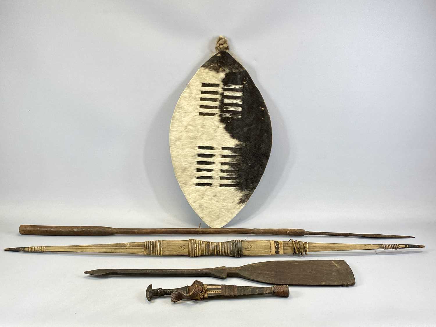 MIXED GROUP OF COLLECTABLES, including an African shield covered in animal skin, 60 x 34.5cms, - Image 2 of 3
