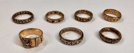 SEVEN 9CT GOLD & OTHER RINGS, all set with paste stones comprising 9ct gold belt and buckle style
