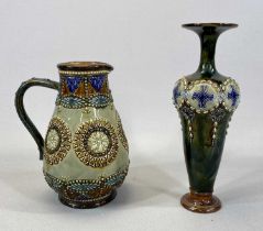ROYAL DOULTON STONEWARE VASE & A DOULTON LAMBETH JUG, the former with blue/green mottle glazed