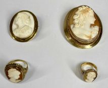 FOUR ITEMS OF SHELL CARVED CAMEO JEWELLERY, comprising 14ct gold ring, stamped 585, mid N-O, 5.5gms,