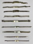 EIGHT SILVER & ONE WHITE METAL IDENTITY BRACELETS comprising large chunky '925' stamped bracelet,
