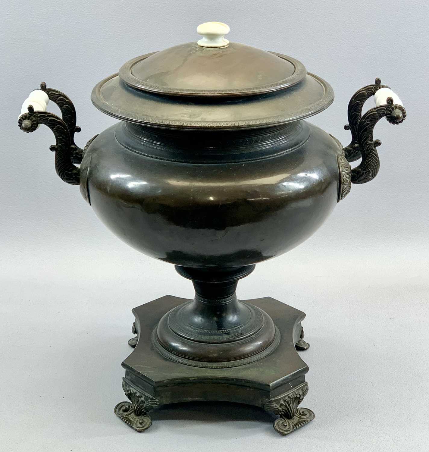 REGENCY COPPER SAMOVAR having a circular body, opaque glass side handles with scroll brackets, brass - Image 2 of 2