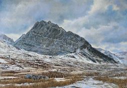 MODERN WELSH SCHOOL (MANNER OF ROB PIERCY) pastel - winter view of Tryfan, indistinctly signed, 58 x