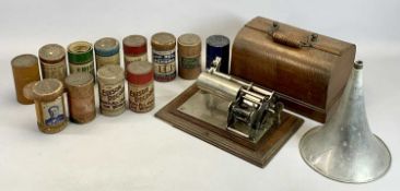 VINTAGE EDISON TYPE PHONOGRAPH in oak carry case, with removable aluminium horn, 25cms H, 31cms W,