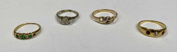 FOUR 18CT GOLD DRESS RINGS, cut white gold illusion set diamond solitaire, mid I - J, unmarked and