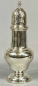 LARGE SILVER SUGAR CASTER, finial top pierced pull-off cap, bulbous form body, circular stepped