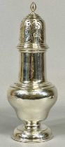 LARGE SILVER SUGAR CASTER, finial top pierced pull-off cap, bulbous form body, circular stepped