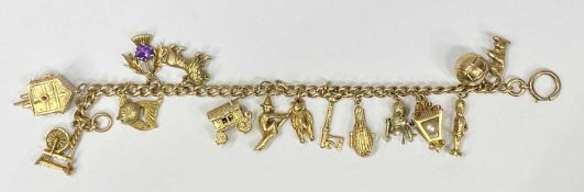 GOLD CHARM BRACELET OF FIFTEEN CHARMS, all but one stamped 9-375, bracelet links unmarked and