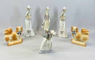 COLLECTION OF CERAMIC ORNAMENTS, including Lladro figures a pair, ladies holding Pekingese dogs,