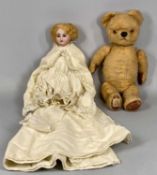 VINTAGE PORCELAIN HEADED DOLL & CHAD VALLEY TEDDY BEAR, the doll with sleepy eyes, open mouthed