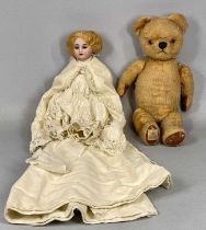 VINTAGE PORCELAIN HEADED DOLL & CHAD VALLEY TEDDY BEAR, the doll with sleepy eyes, open mouthed