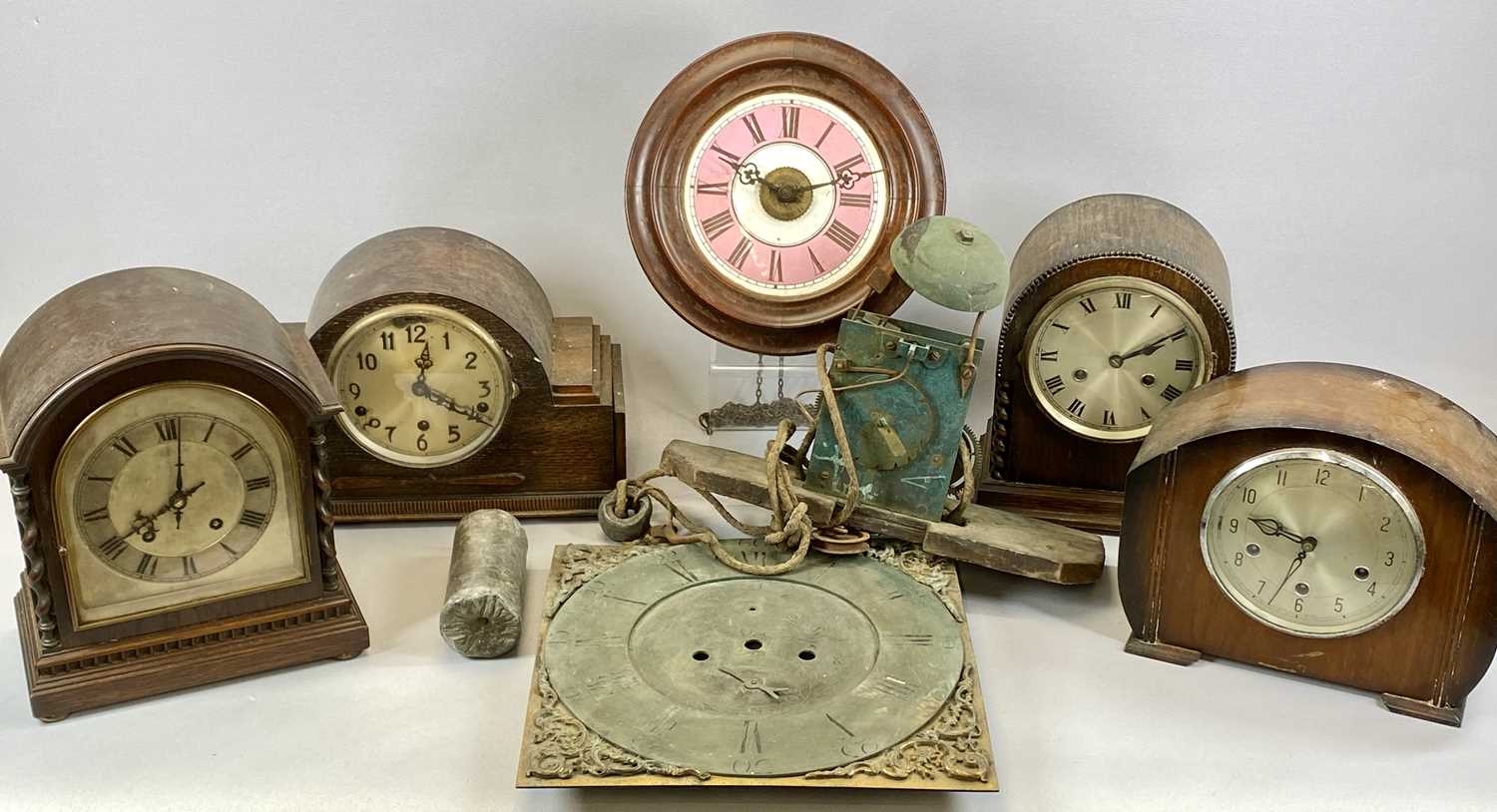 VARIOUS CLOCKS comprising 19th century postman's clock, pink and cream enamelled dial, with black - Image 2 of 5