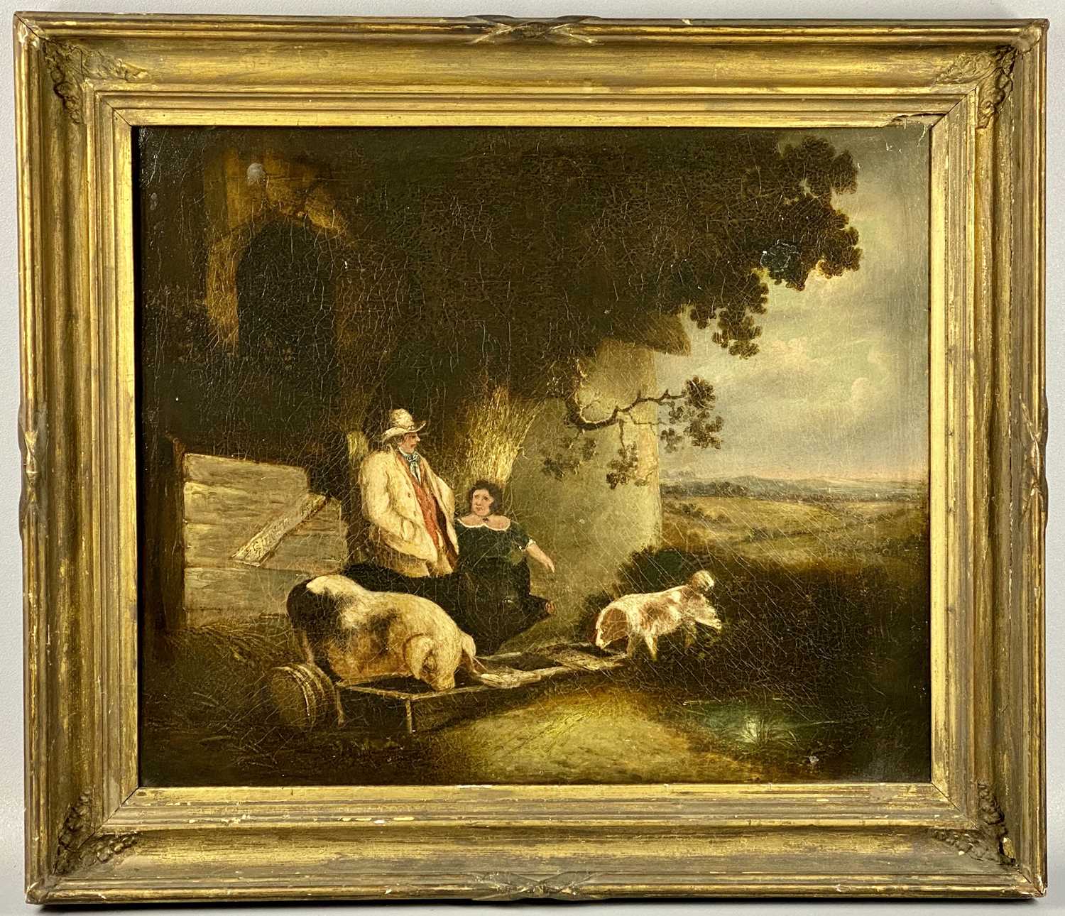 19TH CENTURY BRITISH PRIMITIVE oil on canvas - farmer and wife with two pigs feeding from trough and - Image 2 of 3
