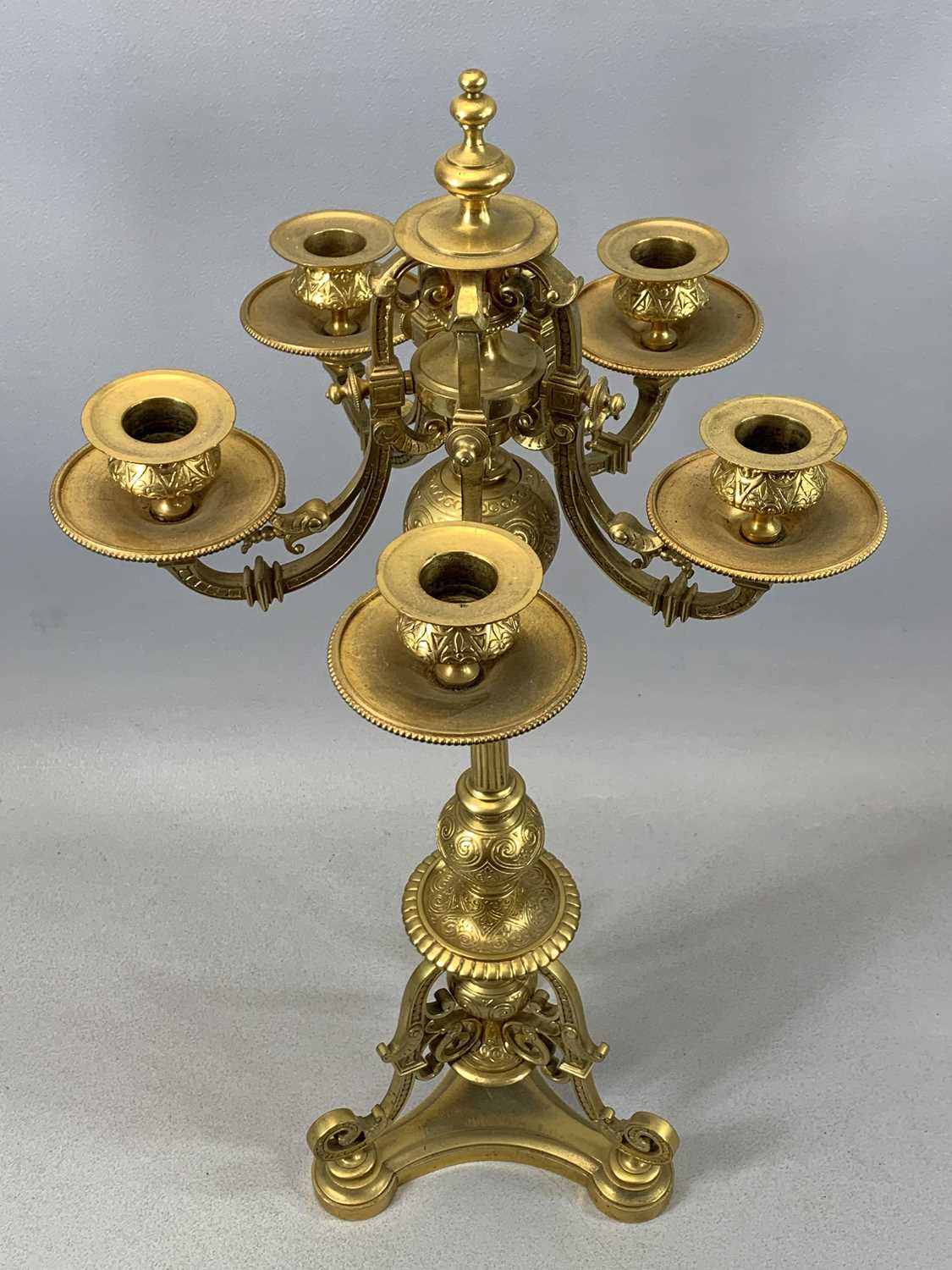 GOOD QUALITY 19TH CENTURY GILDED BRONZE FIVE BRANCH CANDELABRA of ornate design, on trefoil shaped - Image 2 of 2