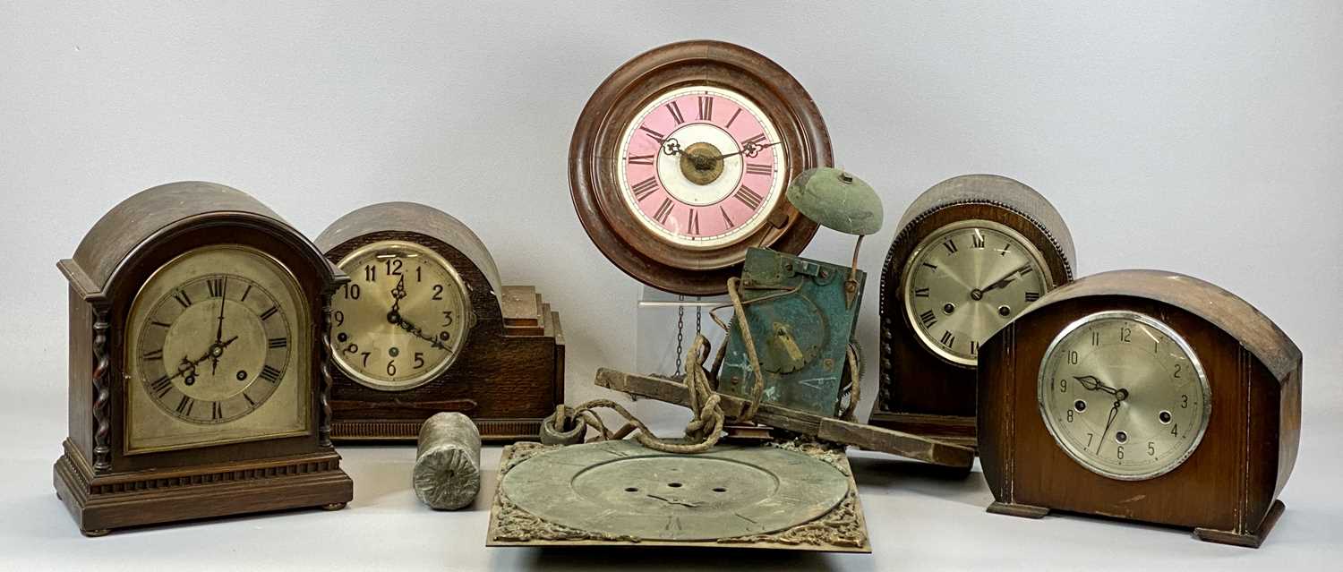 VARIOUS CLOCKS comprising 19th century postman's clock, pink and cream enamelled dial, with black