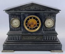 LATE 19TH CENTURY BLACK SLATE ARCITECTURAL MANTEL CLOCK the circular dial with Roman numerals,