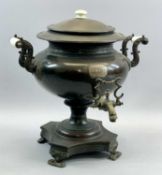 REGENCY COPPER SAMOVAR having a circular body, opaque glass side handles with scroll brackets, brass