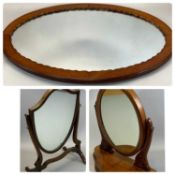 THREE MIRRORS comprising 19th century mahogany skeleton framed toilet mirror with shield shaped