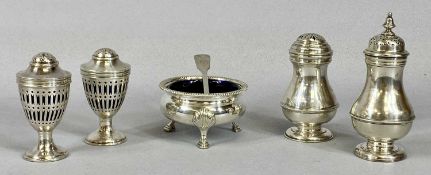 MIXED SILVER CONDIMENTS COLLECTION, comprising pair silver pepper pots, pedestal form with pierced