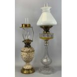 VICTORIAN BRASS & CERAMIC OIL LAMP with twin duplex burners, 33cms (h) excluding fitting, and good