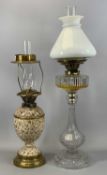 VICTORIAN BRASS & CERAMIC OIL LAMP with twin duplex burners, 33cms (h) excluding fitting, and good